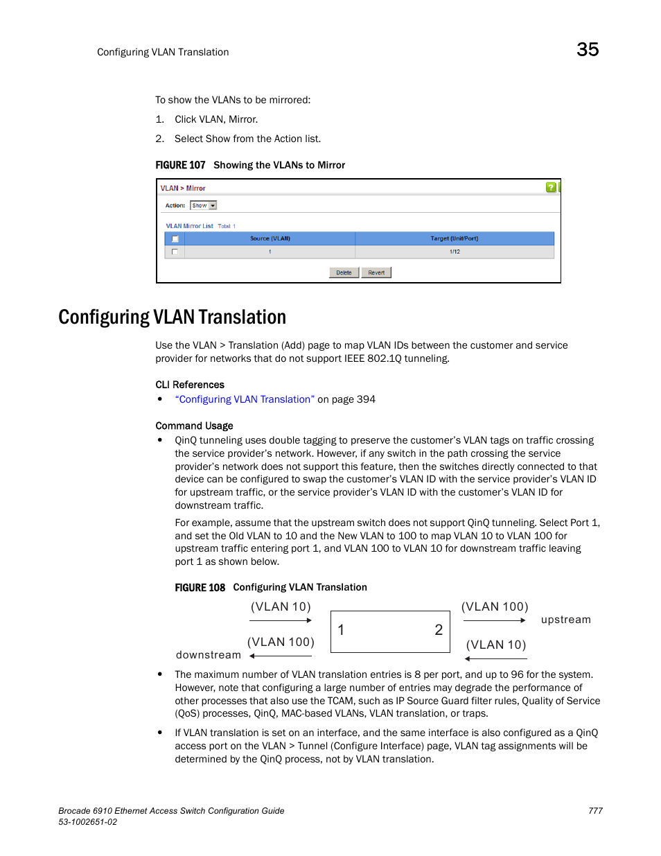 Configuring vlan translation, Figure 107 s, Figure 108 confi | Vlan translation | Brocade 6910 Ethernet Access Switch Configuration Guide (Supporting R2.2.0.0) User Manual | Page 833 / 1240