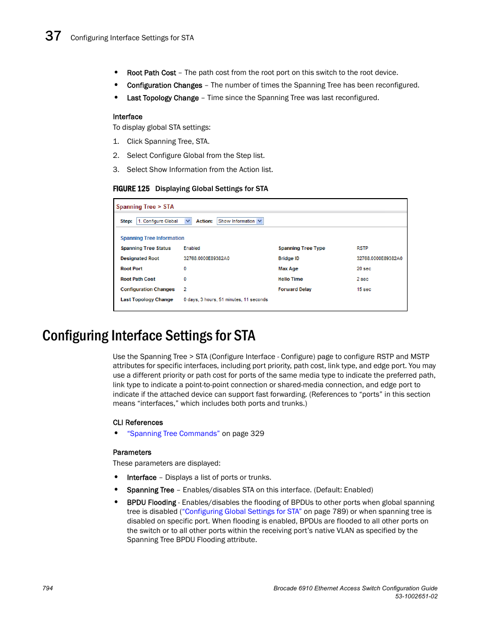 Configuring interface settings for sta, Figure 125 dis, Configuring | Interface settings for sta, Configuring interface, Settings for sta | Brocade 6910 Ethernet Access Switch Configuration Guide (Supporting R2.2.0.0) User Manual | Page 850 / 1240