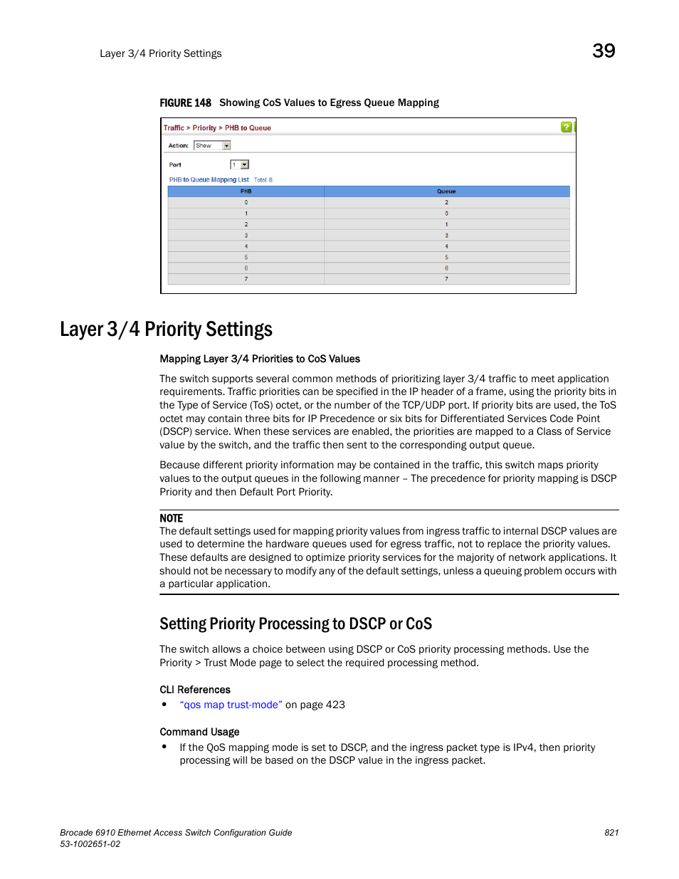 Layer 3/4 priority settings, Setting priority processing to dscp or cos, Figure 148 s | Brocade 6910 Ethernet Access Switch Configuration Guide (Supporting R2.2.0.0) User Manual | Page 877 / 1240