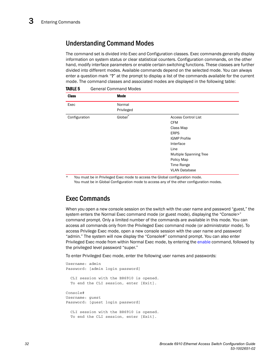 Understanding command modes, Exec commands, Table 5 | Brocade 6910 Ethernet Access Switch Configuration Guide (Supporting R2.2.0.0) User Manual | Page 88 / 1240