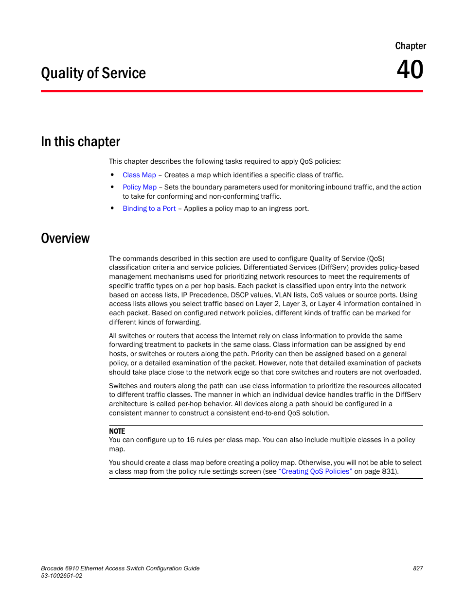 Quality of service, Overview, Chapter 40 | Brocade 6910 Ethernet Access Switch Configuration Guide (Supporting R2.2.0.0) User Manual | Page 883 / 1240