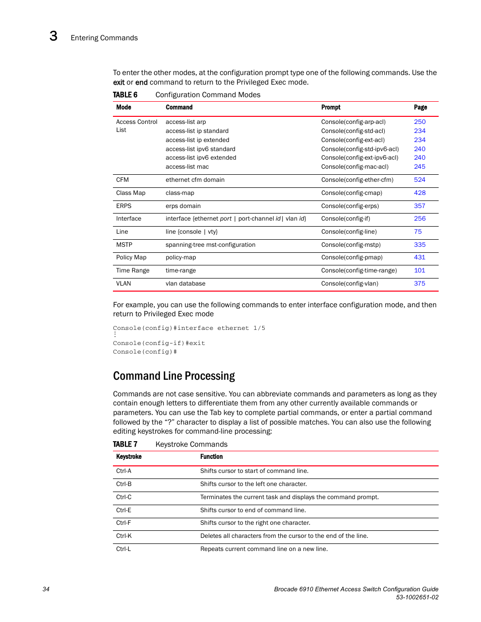 Command line processing, Table 6, Table 7 | Brocade 6910 Ethernet Access Switch Configuration Guide (Supporting R2.2.0.0) User Manual | Page 90 / 1240