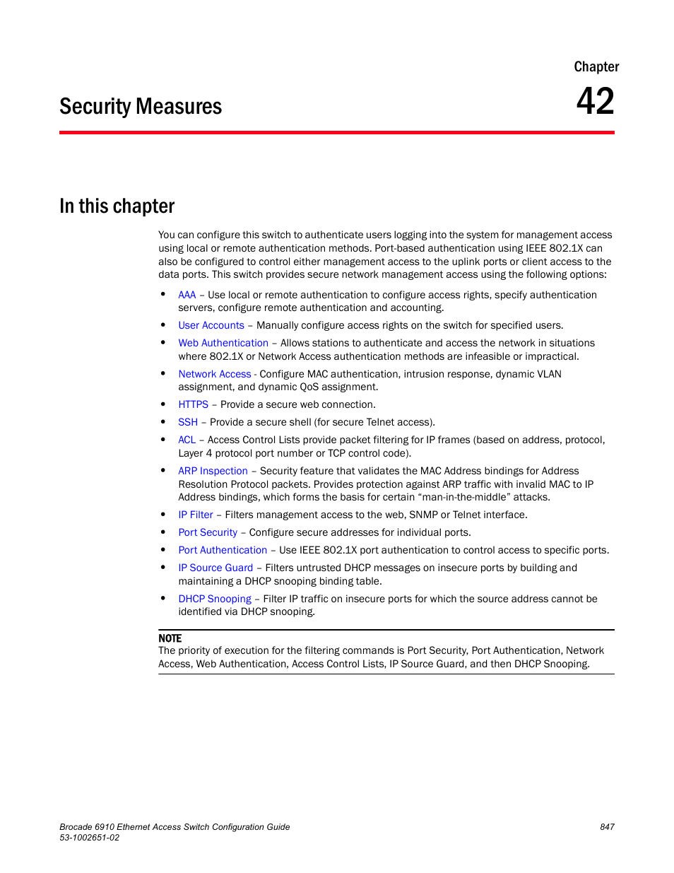 Security measures, Chapter 42, Chapter | Brocade 6910 Ethernet Access Switch Configuration Guide (Supporting R2.2.0.0) User Manual | Page 903 / 1240