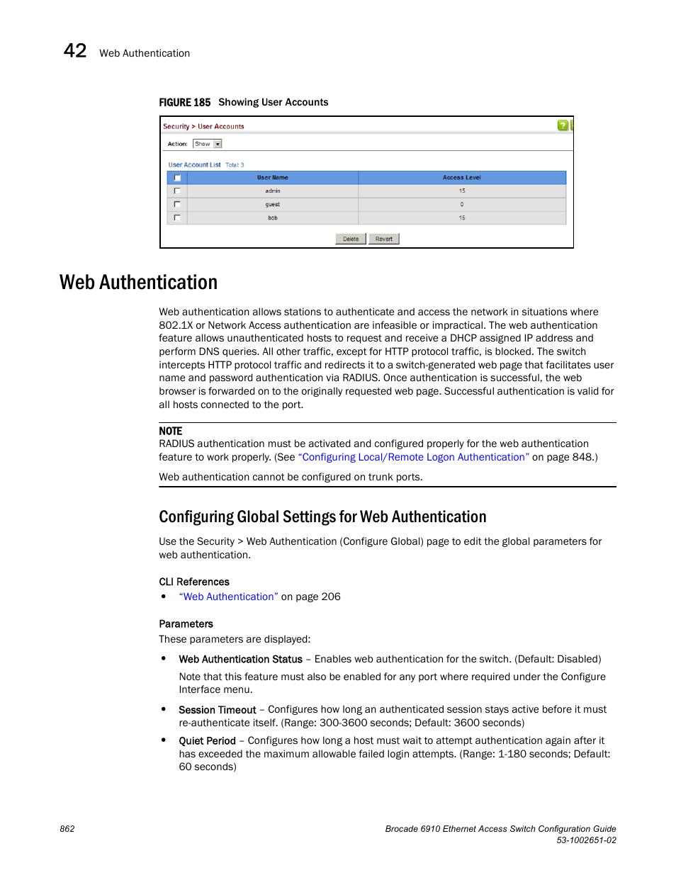 Web authentication, Configuring global settings for web authentication, Figure 185 s | Brocade 6910 Ethernet Access Switch Configuration Guide (Supporting R2.2.0.0) User Manual | Page 918 / 1240