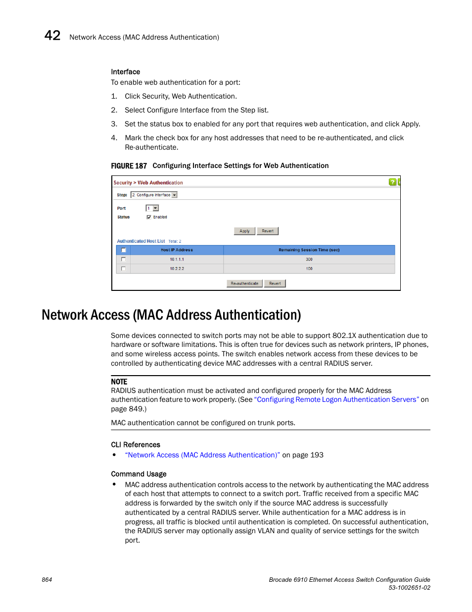 Network access (mac address authentication), Figure 187 confi, Network access | Brocade 6910 Ethernet Access Switch Configuration Guide (Supporting R2.2.0.0) User Manual | Page 920 / 1240