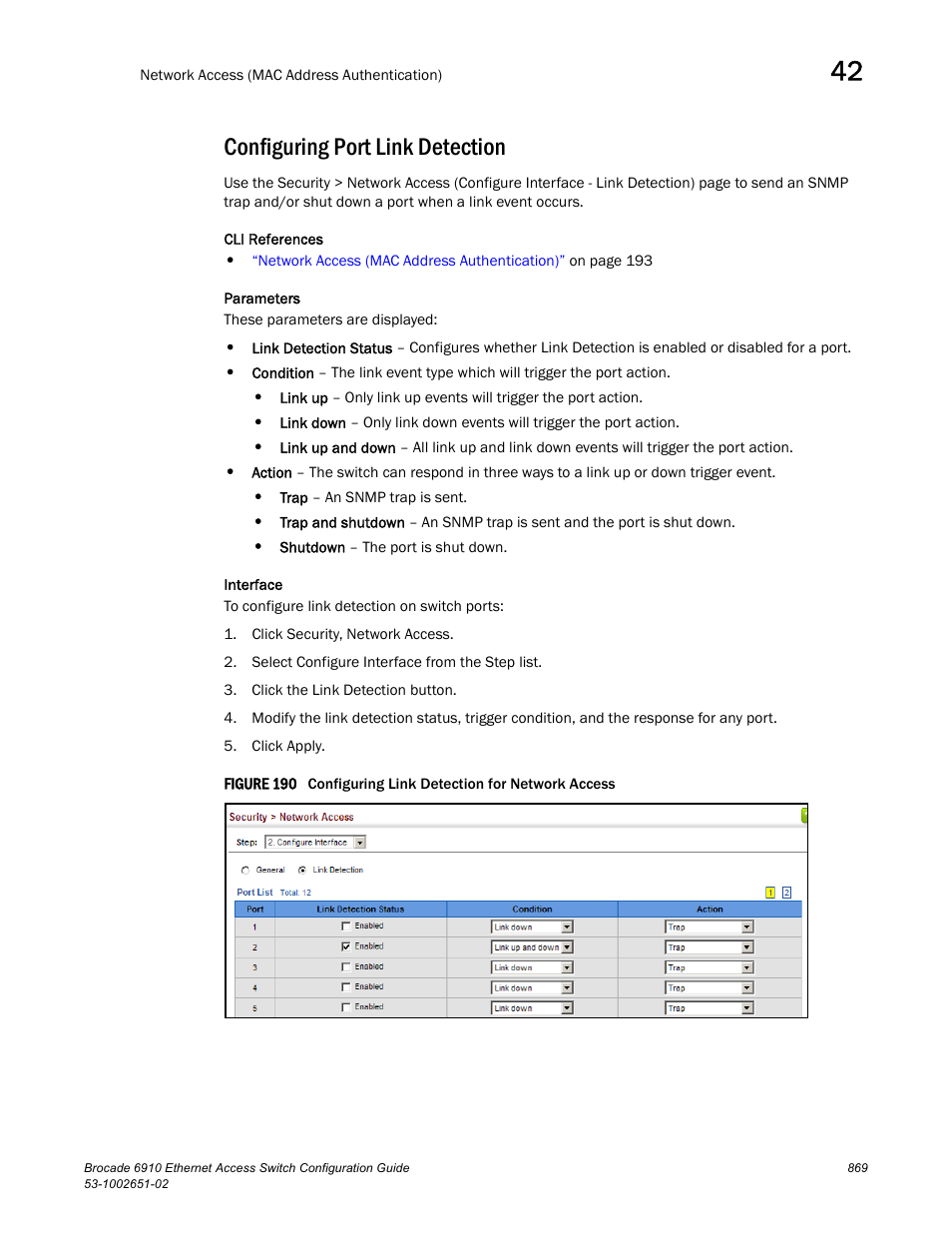 Configuring port link detection, Figure 190 confi | Brocade 6910 Ethernet Access Switch Configuration Guide (Supporting R2.2.0.0) User Manual | Page 925 / 1240