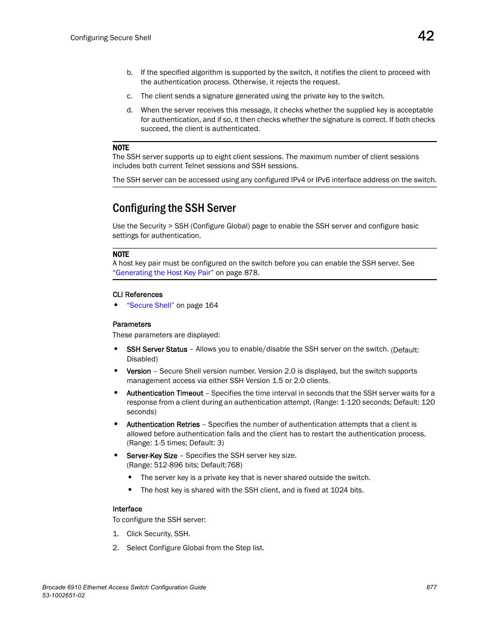 Configuring the ssh server | Brocade 6910 Ethernet Access Switch Configuration Guide (Supporting R2.2.0.0) User Manual | Page 933 / 1240