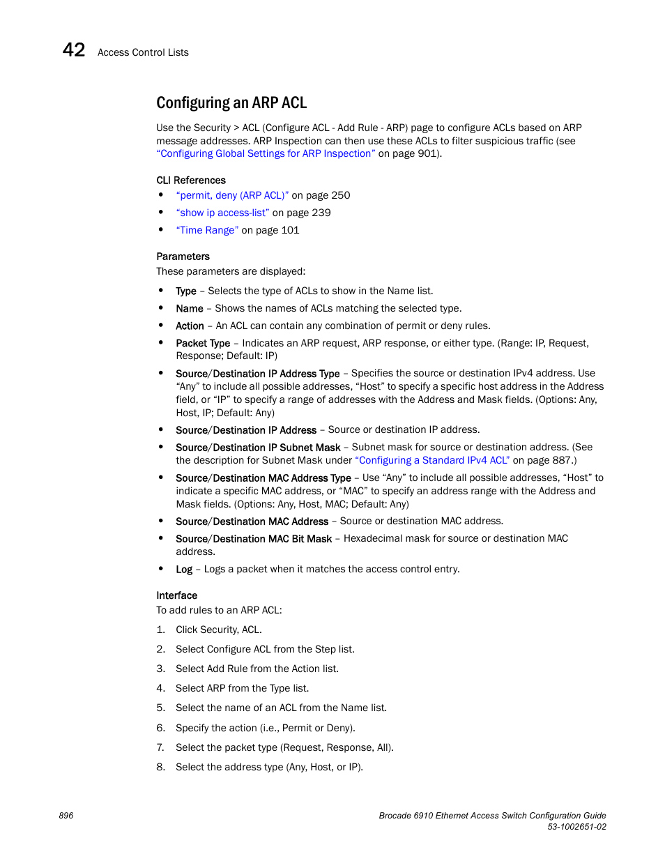 Configuring an arp acl | Brocade 6910 Ethernet Access Switch Configuration Guide (Supporting R2.2.0.0) User Manual | Page 952 / 1240