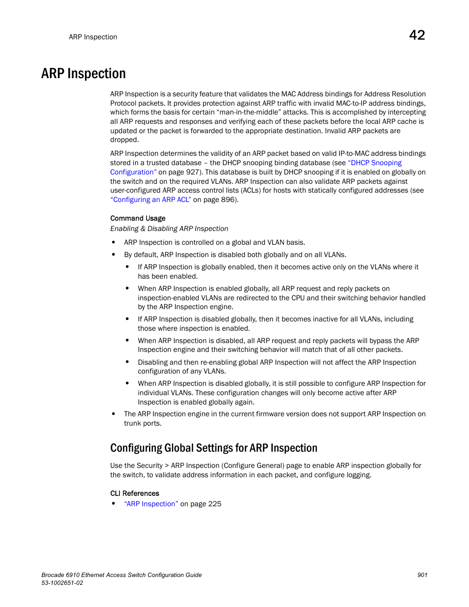 Arp inspection, Configuring global settings for arp inspection | Brocade 6910 Ethernet Access Switch Configuration Guide (Supporting R2.2.0.0) User Manual | Page 957 / 1240