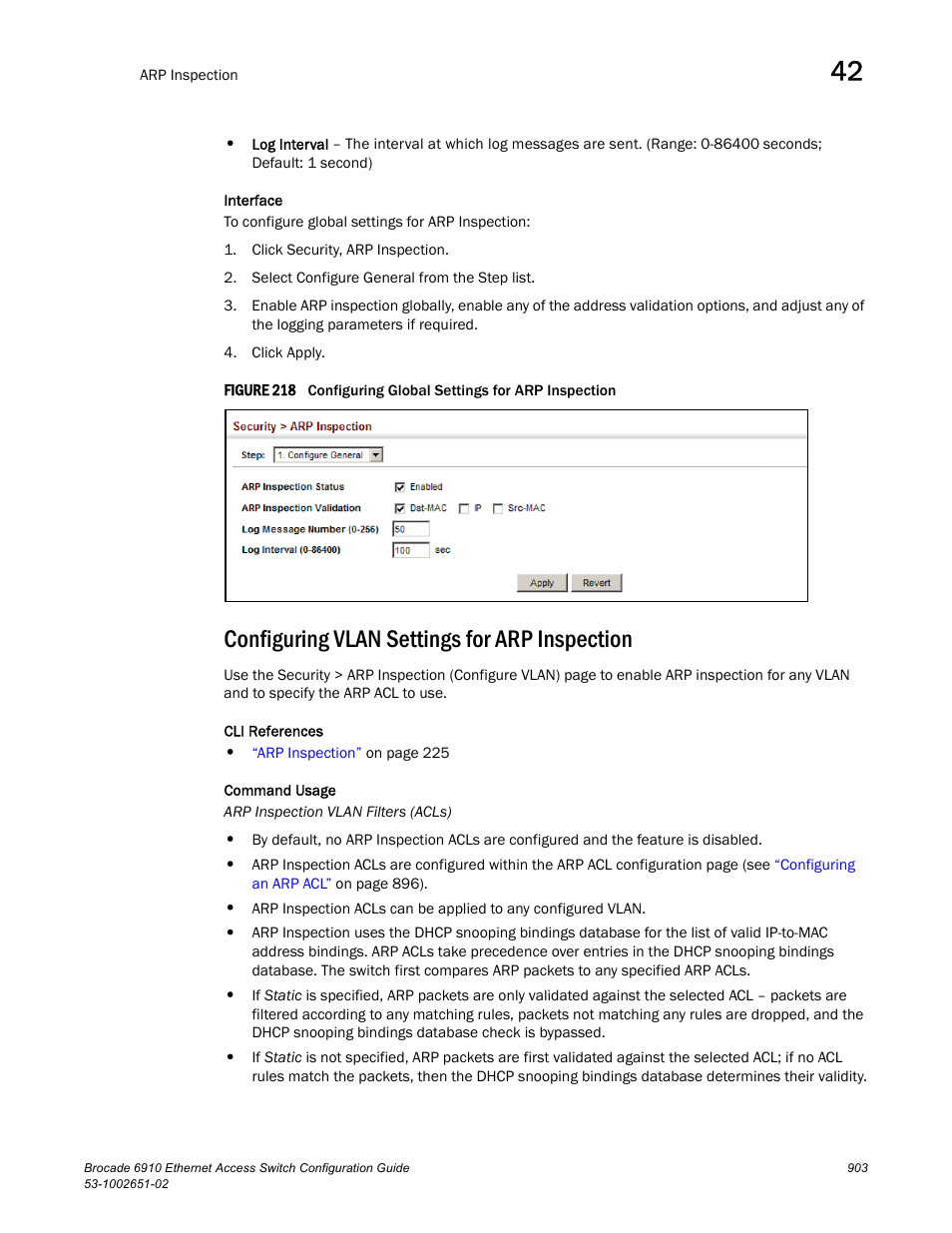 Configuring vlan settings for arp inspection, Figure 218 confi | Brocade 6910 Ethernet Access Switch Configuration Guide (Supporting R2.2.0.0) User Manual | Page 959 / 1240