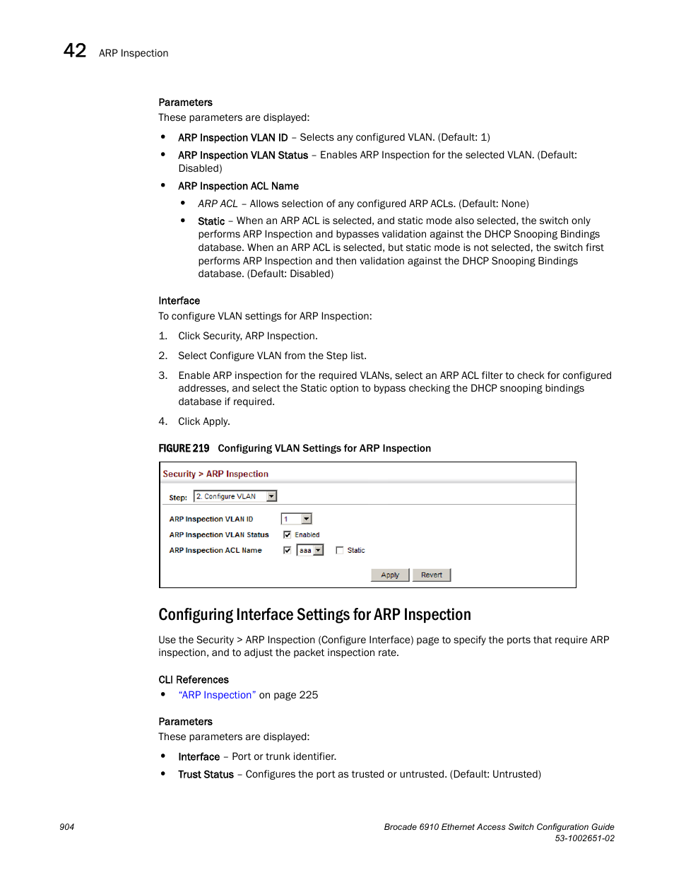 Configuring interface settings for arp inspection, Figure 219 confi | Brocade 6910 Ethernet Access Switch Configuration Guide (Supporting R2.2.0.0) User Manual | Page 960 / 1240