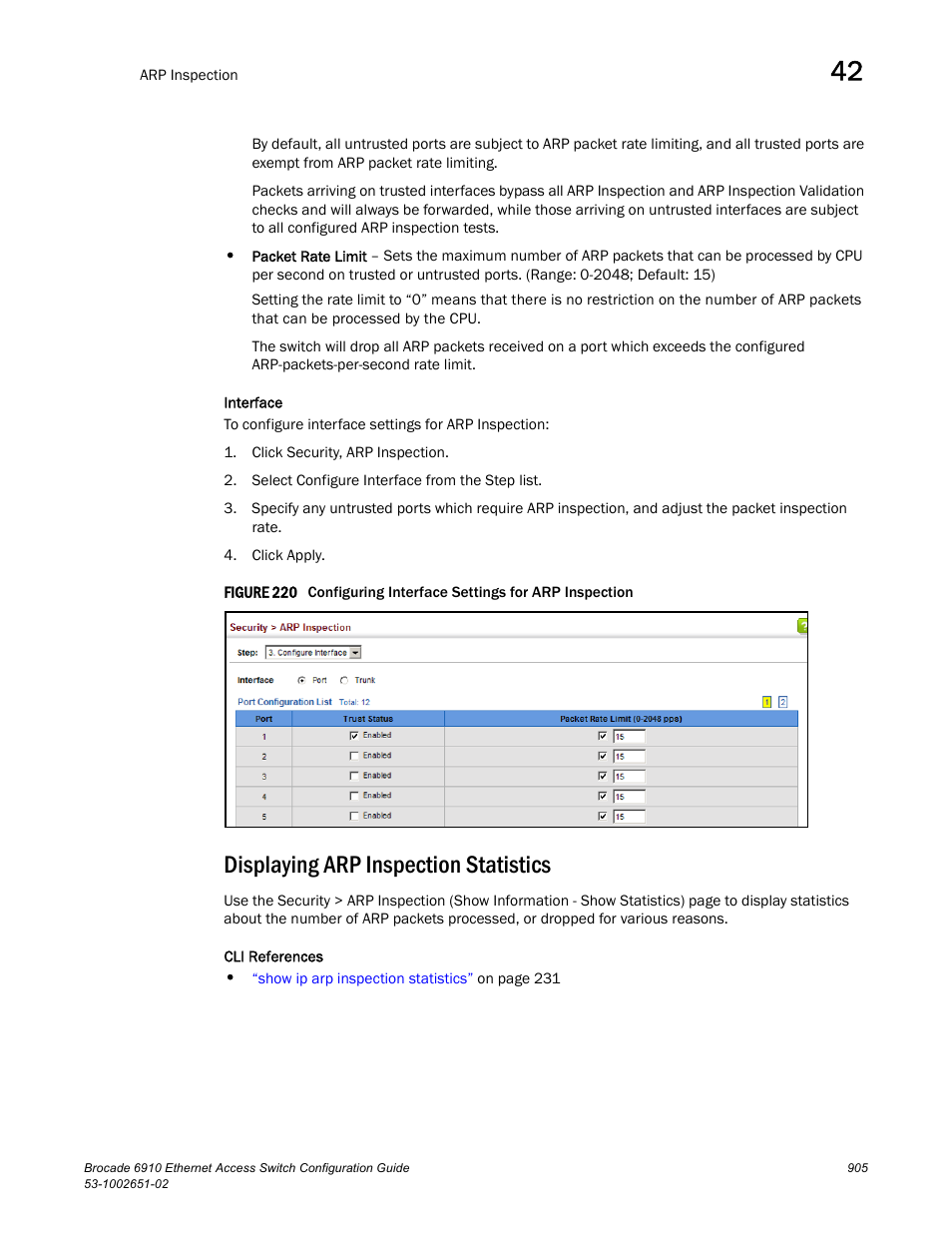 Displaying arp inspection statistics, Figure 220 c | Brocade 6910 Ethernet Access Switch Configuration Guide (Supporting R2.2.0.0) User Manual | Page 961 / 1240