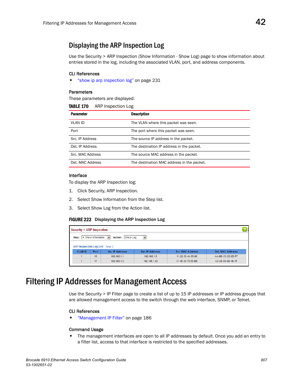 Displaying the arp inspection log, Filtering ip addresses for management access, Figure 222 dis | Table 170, Ip filter | Brocade 6910 Ethernet Access Switch Configuration Guide (Supporting R2.2.0.0) User Manual | Page 963 / 1240