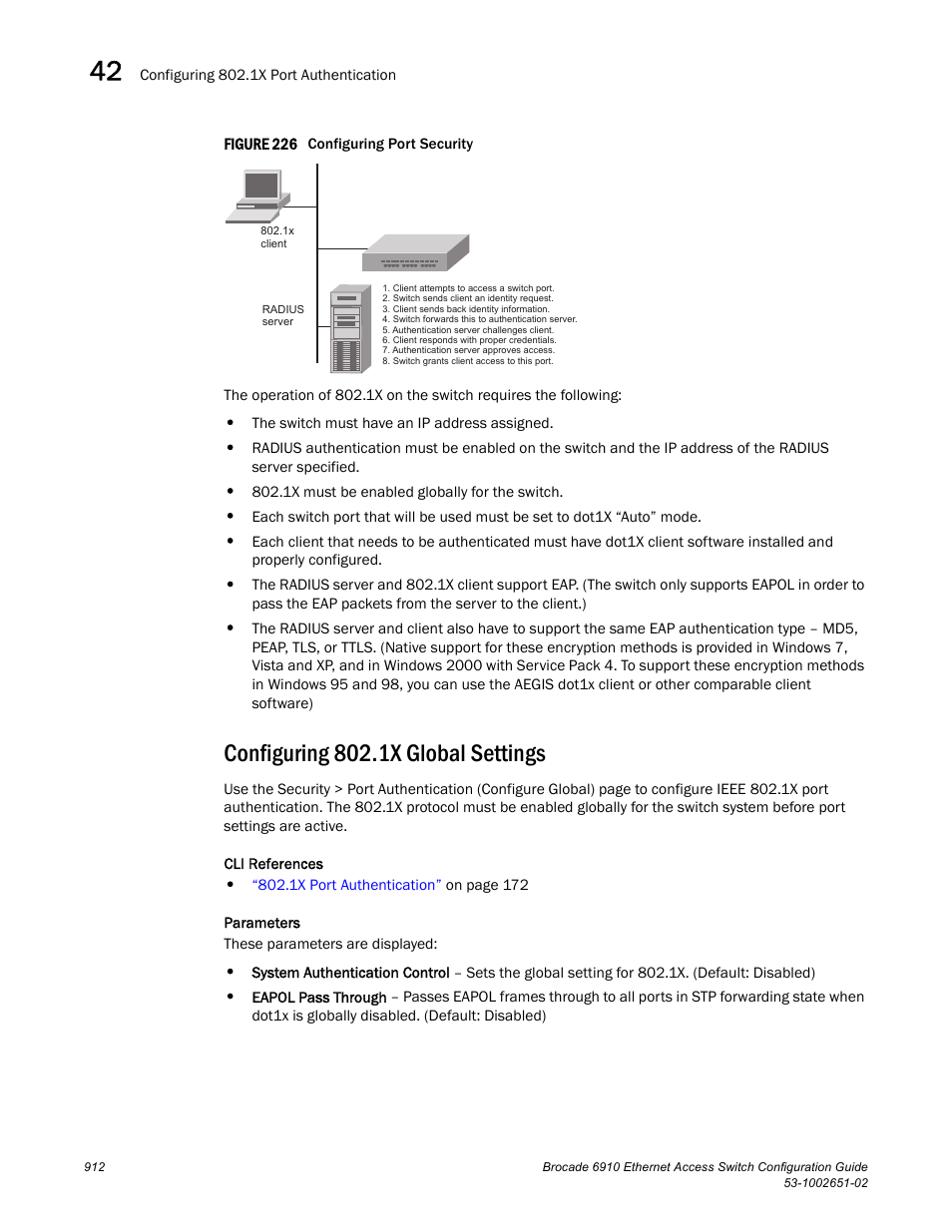 Configuring 802.1x global settings, Figure 226 confi | Brocade 6910 Ethernet Access Switch Configuration Guide (Supporting R2.2.0.0) User Manual | Page 968 / 1240