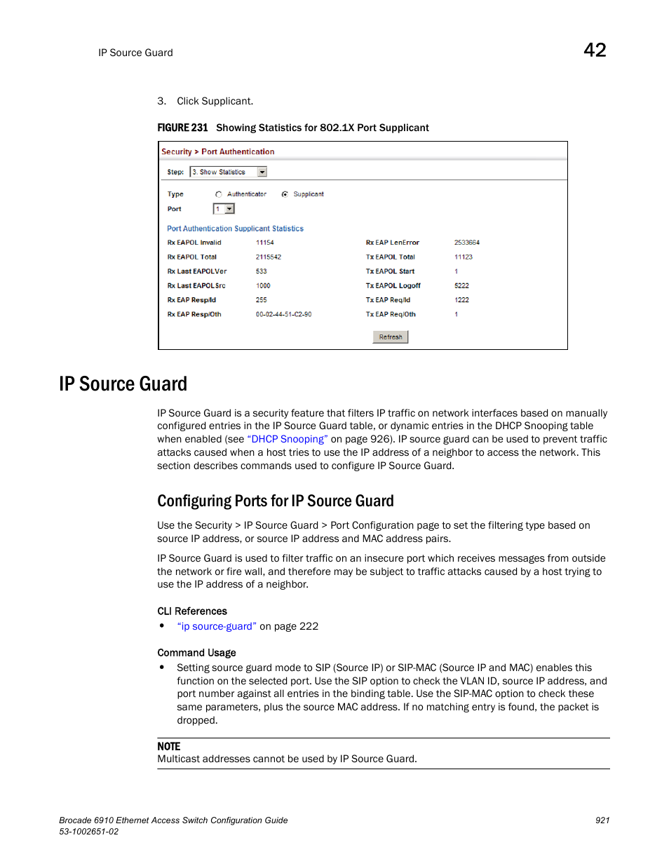 Ip source guard, Configuring ports for ip source guard, Figure 231 s | Brocade 6910 Ethernet Access Switch Configuration Guide (Supporting R2.2.0.0) User Manual | Page 977 / 1240