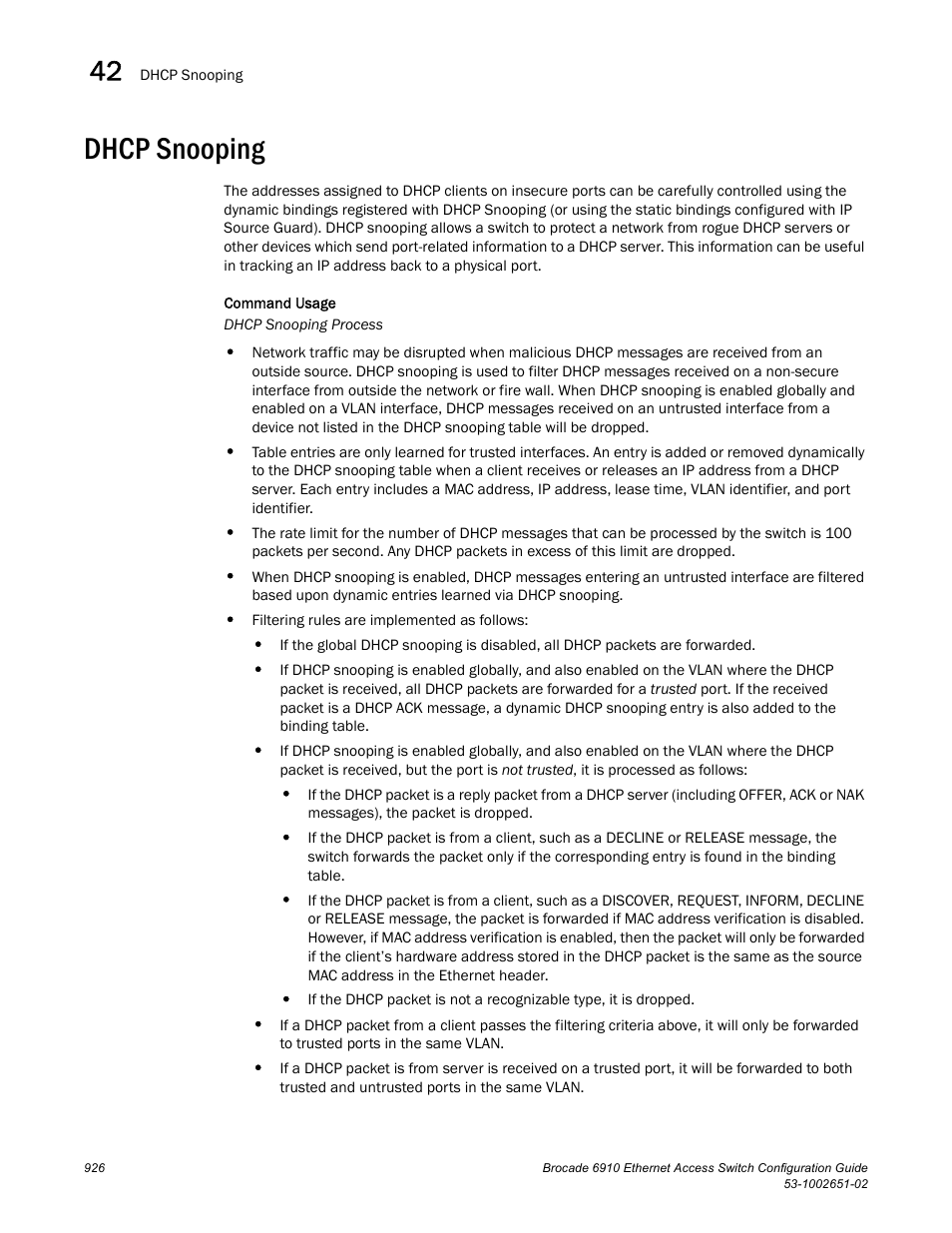 Dhcp snooping | Brocade 6910 Ethernet Access Switch Configuration Guide (Supporting R2.2.0.0) User Manual | Page 982 / 1240