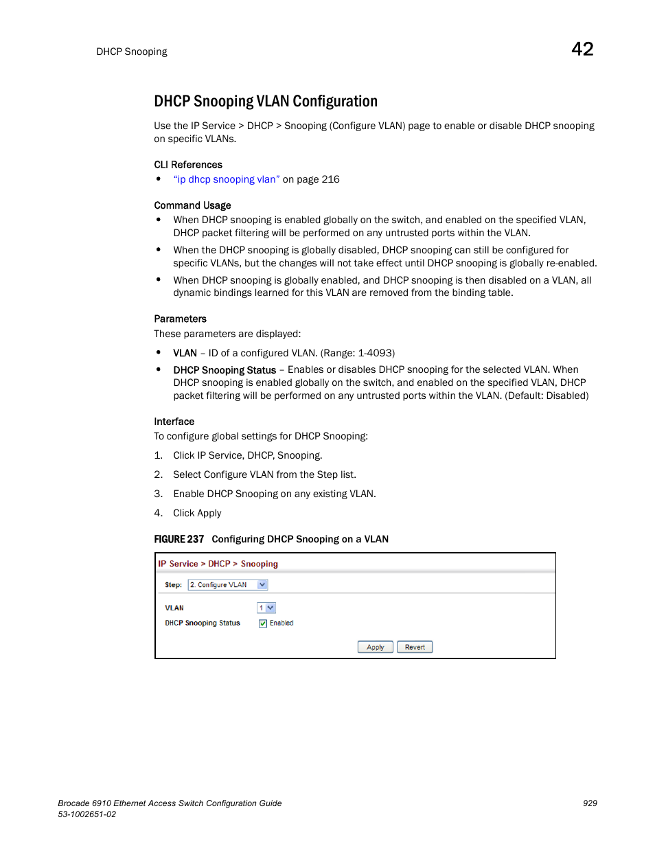 Dhcp snooping vlan configuration, Figure 237 confi | Brocade 6910 Ethernet Access Switch Configuration Guide (Supporting R2.2.0.0) User Manual | Page 985 / 1240