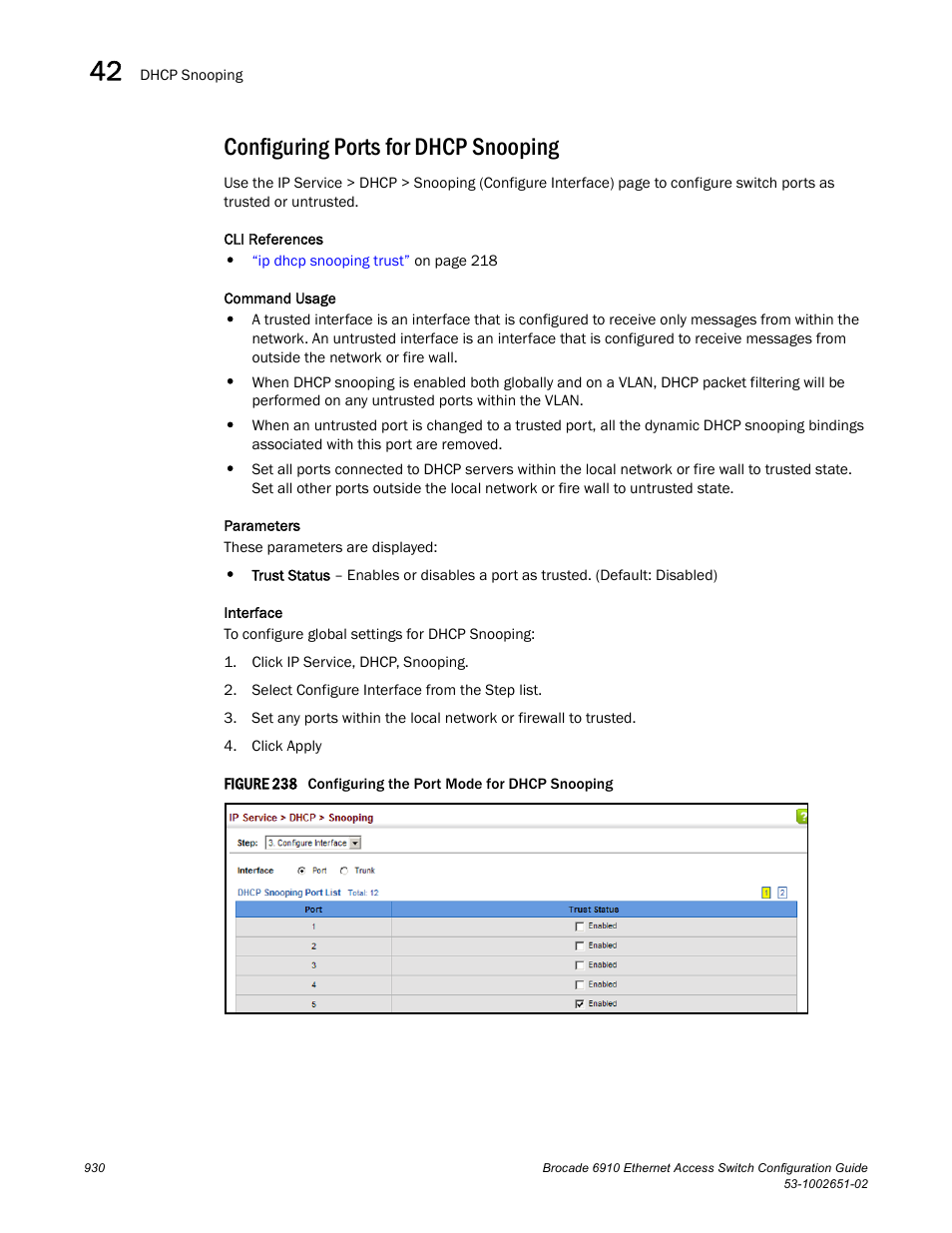 Configuring ports for dhcp snooping, Figure 238 confi | Brocade 6910 Ethernet Access Switch Configuration Guide (Supporting R2.2.0.0) User Manual | Page 986 / 1240