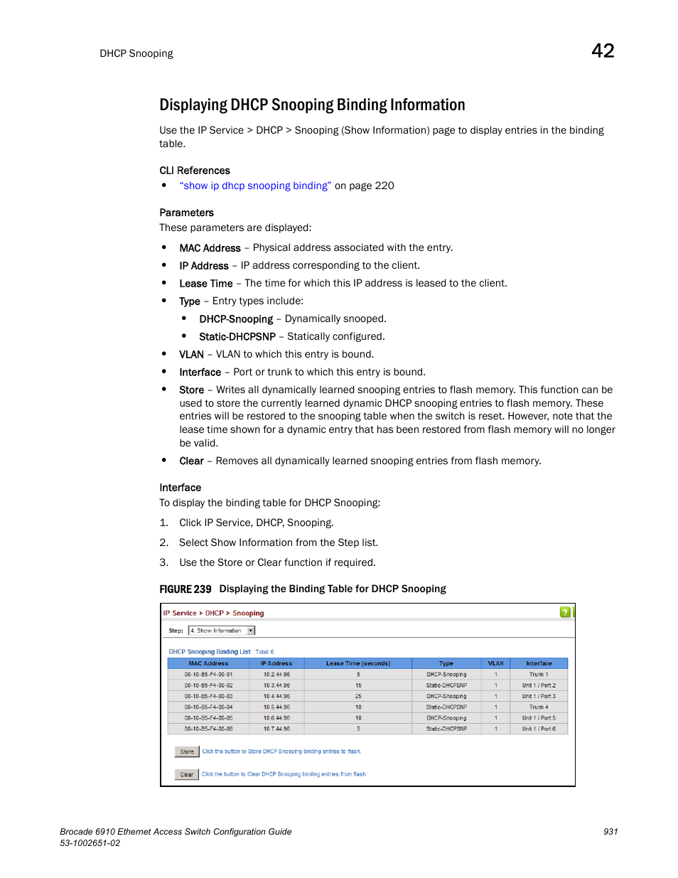 Displaying dhcp snooping binding information, Figure 239 dis | Brocade 6910 Ethernet Access Switch Configuration Guide (Supporting R2.2.0.0) User Manual | Page 987 / 1240