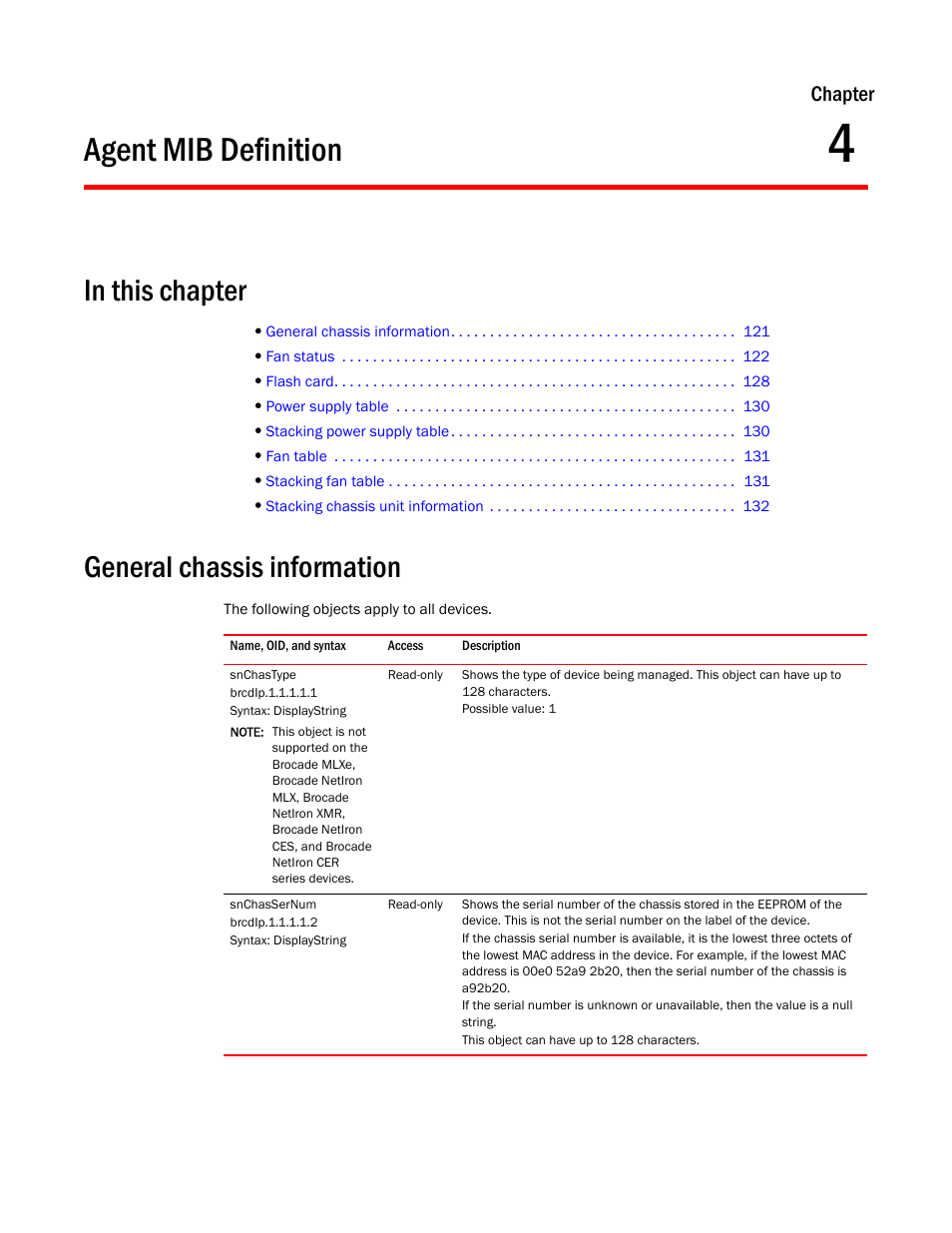 Agent mib definition, General chassis information, Snchastype | Snchassernum, Chapter 4 | Brocade Unified IP MIB Reference (Supporting FastIron Releases 07.5.00 and 08.0.10) User Manual | Page 147 / 771