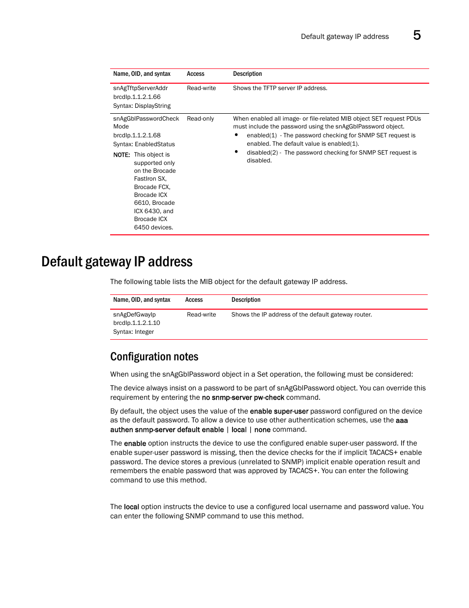 Snagtftpserveraddr, Snaggblpasswordcheck mode, Default gateway ip address | Snagdefgwayip, Configuration notes | Brocade Unified IP MIB Reference (Supporting FastIron Releases 07.5.00 and 08.0.10) User Manual | Page 167 / 771