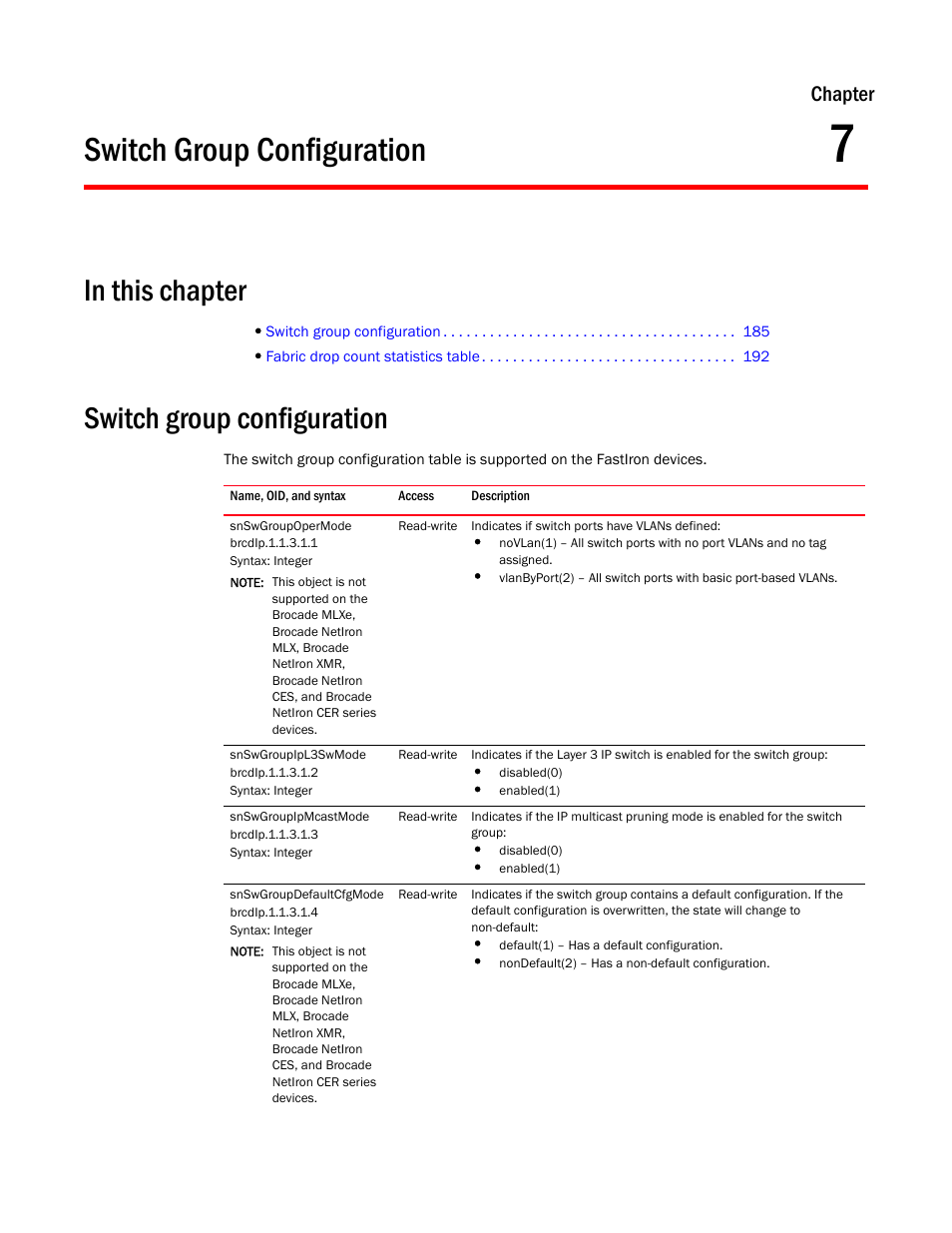 Switch group configuration, Snswgroupopermode, Snswgroupipl3swmode | Snswgroupipmcastmode, Snswgroupdefaultcfgmode, Chapter 7, Chapter | Brocade Unified IP MIB Reference (Supporting FastIron Releases 07.5.00 and 08.0.10) User Manual | Page 211 / 771