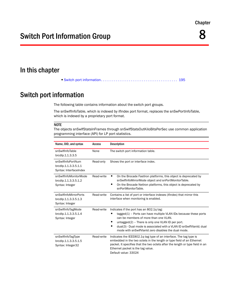 Switch port information group, Switch port information, Snswifinfotable | Snswifinfoportnum, Snswifinfomonitormode, Snswifinfomirrorports, Snswifinfotagmode, Snswifinfotagtype, Chapter 8, Chapter | Brocade Unified IP MIB Reference (Supporting FastIron Releases 07.5.00 and 08.0.10) User Manual | Page 221 / 771
