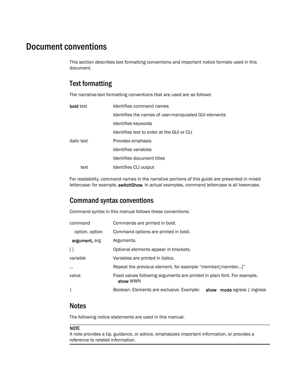 Document conventions, Text formatting, Command syntax conventions | Notes | Brocade Unified IP MIB Reference (Supporting FastIron Releases 07.5.00 and 08.0.10) User Manual | Page 24 / 771