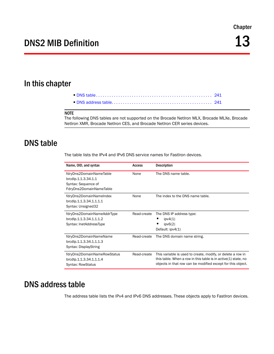 Dns2 mib definition, Dns table, Fdrydns2domainnametable | Fdrydns2domainnameindex, Fdrydns2domainnameaddrtype, Fdrydns2domainnamename, Fdrydns2domainnamerowstatus, Dns address table, Chapter 13, Chapter | Brocade Unified IP MIB Reference (Supporting FastIron Releases 07.5.00 and 08.0.10) User Manual | Page 267 / 771