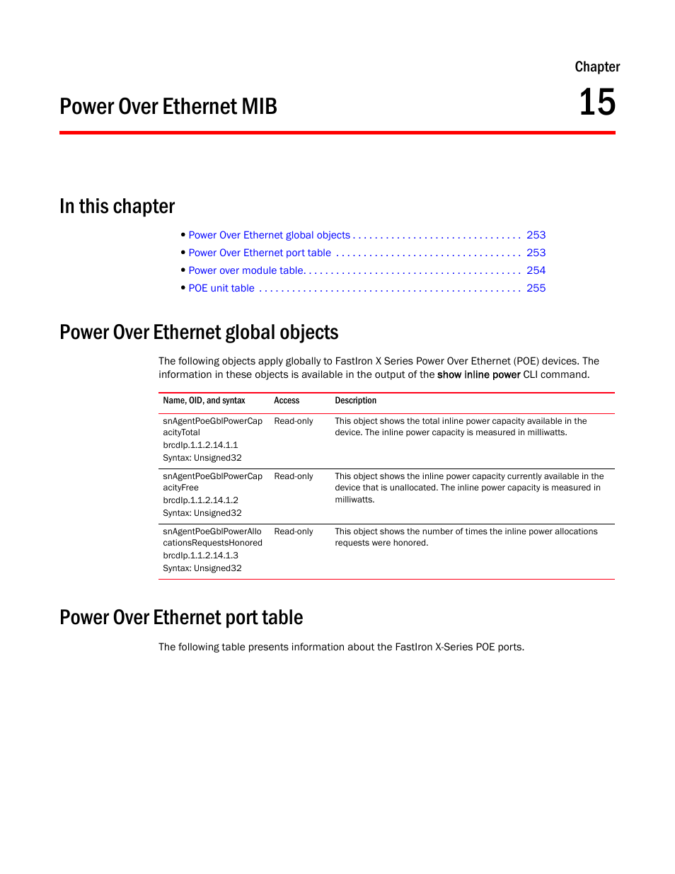 Power over ethernet mib, Power over ethernet global objects, Snagentpoegblpowercap acitytotal | Snagentpoegblpowercap acityfree, Snagentpoegblpowerallo cationsrequestshonored, Power over ethernet port table, Chapter 15 | Brocade Unified IP MIB Reference (Supporting FastIron Releases 07.5.00 and 08.0.10) User Manual | Page 279 / 771