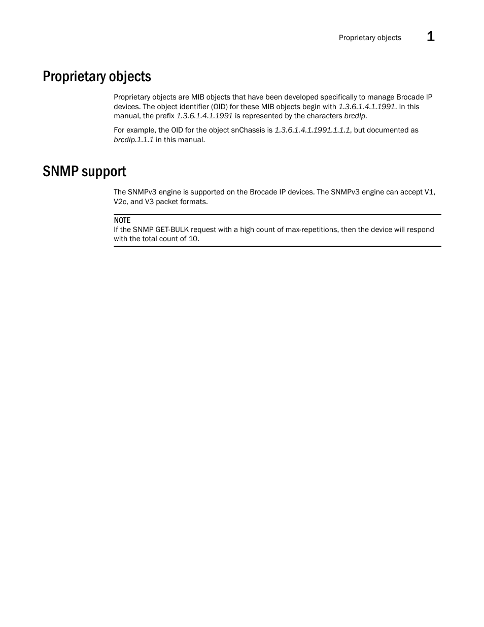 Proprietary objects, Snmp support | Brocade Unified IP MIB Reference (Supporting FastIron Releases 07.5.00 and 08.0.10) User Manual | Page 29 / 771