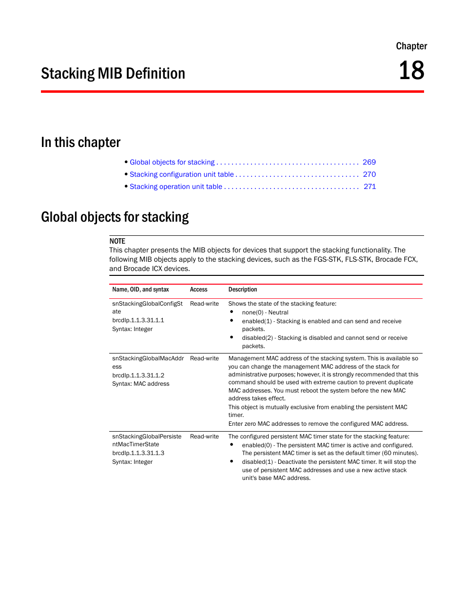 Stacking mib definition, Global objects for stacking, Snstackingglobalconfigst ate | Snstackingglobalmacaddr ess, Snstackingglobalpersiste ntmactimerstate, Chapter 18, Chapter | Brocade Unified IP MIB Reference (Supporting FastIron Releases 07.5.00 and 08.0.10) User Manual | Page 295 / 771