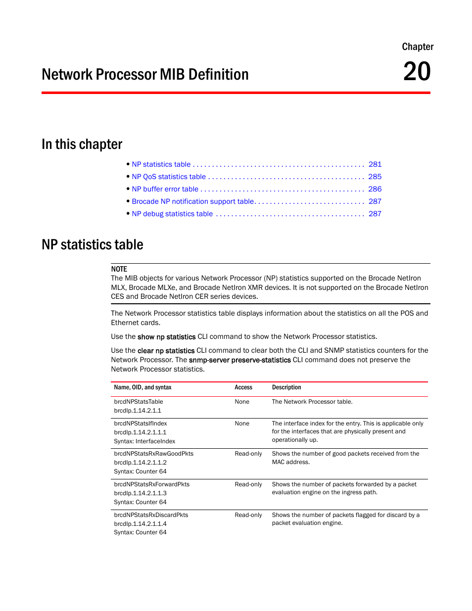 Network processor mib definition, Np statistics table, Brcdnpstatstable | Brcdnpstatsifindex, Brcdnpstatsrxrawgoodpkts, Brcdnpstatsrxforwardpkts, Brcdnpstatsrxdiscardpkts, Chapter 20, Chapter | Brocade Unified IP MIB Reference (Supporting FastIron Releases 07.5.00 and 08.0.10) User Manual | Page 307 / 771