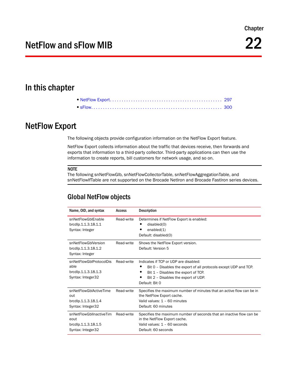 Netflow and sflow mib, Netflow export, Global netflow objects | Snnetflowgblenable, Snnetflowgblversion, Snnetflowgblprotocoldis able, Snnetflowgblactivetime out, Snnetflowgblinactivetim eout, Chapter 22, Chapter | Brocade Unified IP MIB Reference (Supporting FastIron Releases 07.5.00 and 08.0.10) User Manual | Page 323 / 771