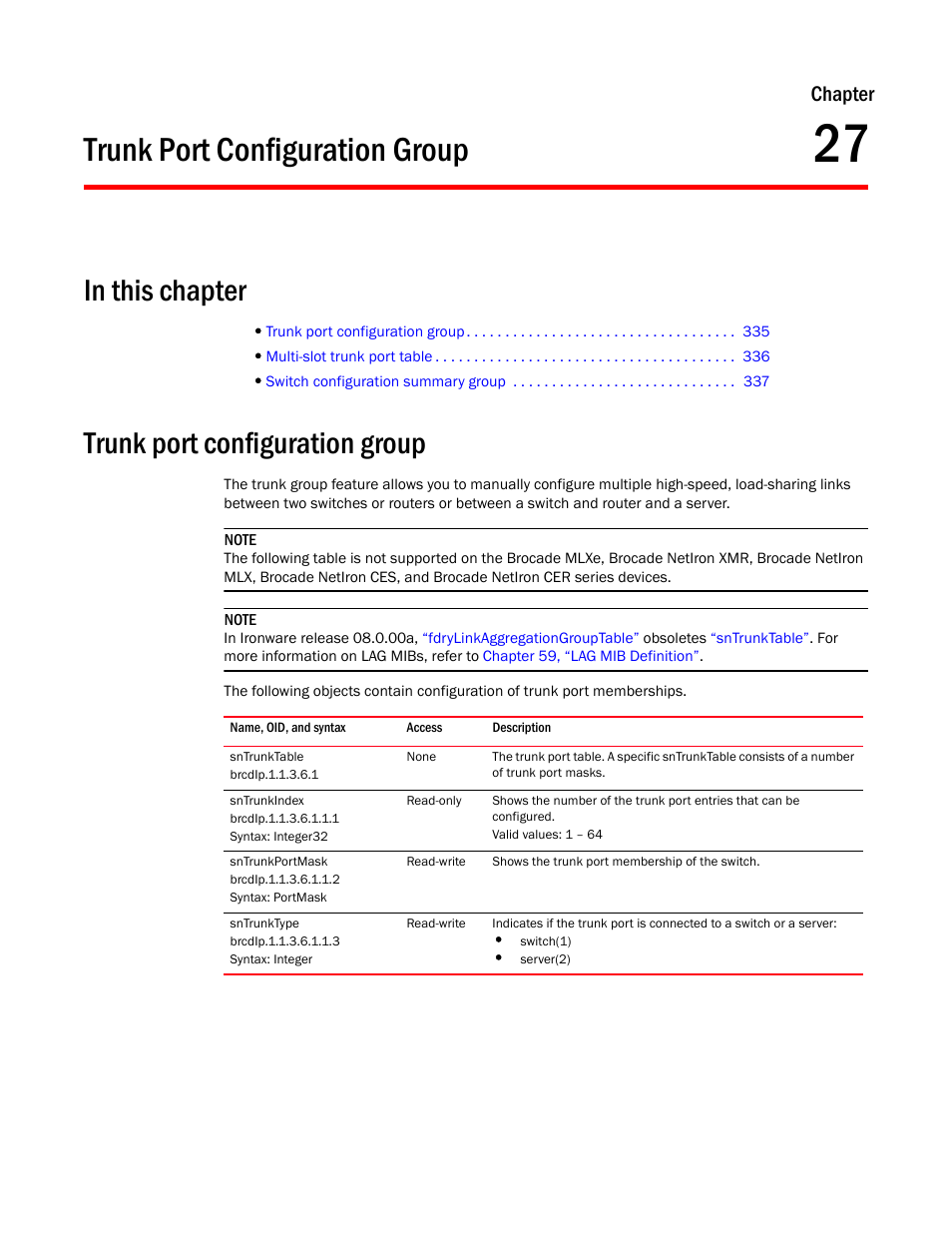 Trunk port configuration group, Sntrunktable, Sntrunkindex | Sntrunkportmask, Sntrunktype, Chapter 27, Chapter | Brocade Unified IP MIB Reference (Supporting FastIron Releases 07.5.00 and 08.0.10) User Manual | Page 361 / 771