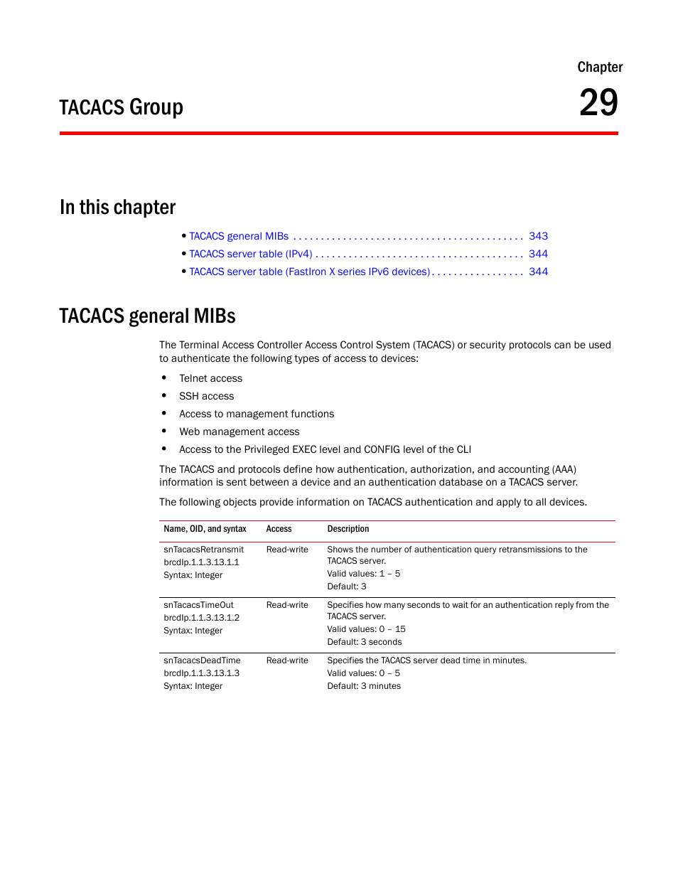 Tacacs group, Tacacs general mibs, Sntacacsretransmit | Sntacacstimeout, Sntacacsdeadtime, Chapter 29, Group, Tacacs | Brocade Unified IP MIB Reference (Supporting FastIron Releases 07.5.00 and 08.0.10) User Manual | Page 369 / 771