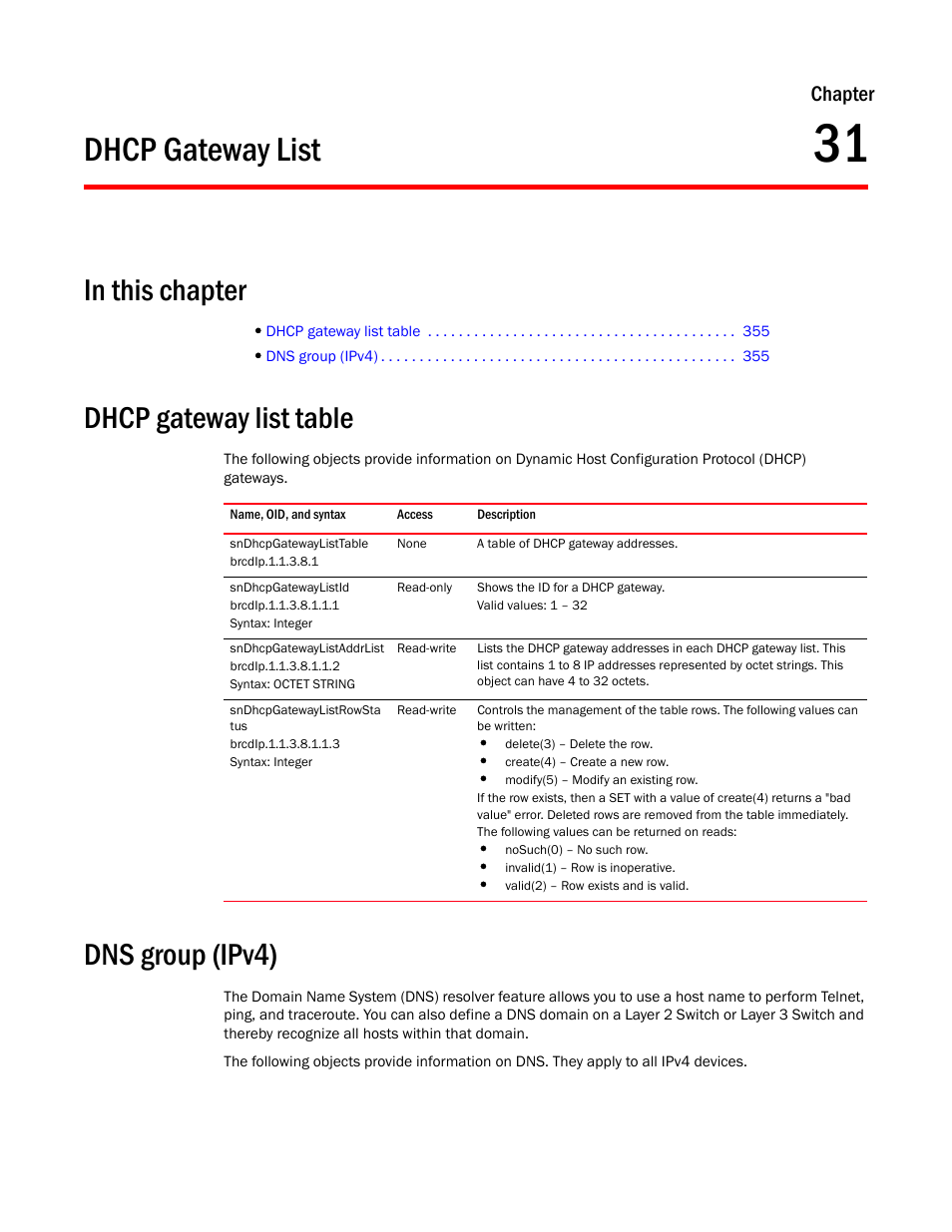 Dhcp gateway list, Dhcp gateway list table, Sndhcpgatewaylisttable | Sndhcpgatewaylistid, Sndhcpgatewaylistaddrlist, Sndhcpgatewaylistrowsta tus, Dns group (ipv4), Chapter 31, Chapter | Brocade Unified IP MIB Reference (Supporting FastIron Releases 07.5.00 and 08.0.10) User Manual | Page 381 / 771