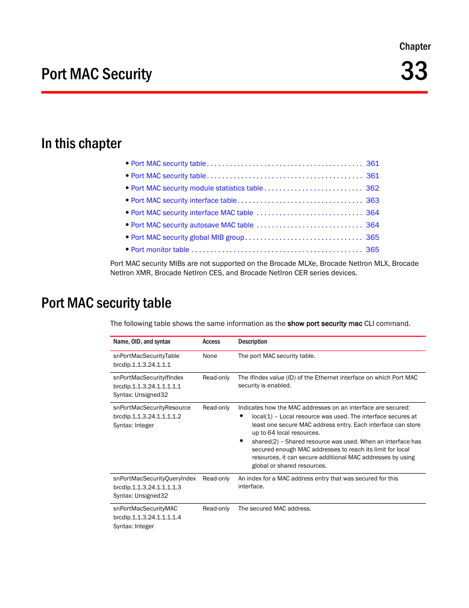 Port mac security, Port mac security table, Snportmacsecuritytable | Snportmacsecurityifindex, Snportmacsecurityresource, Snportmacsecurityqueryindex, Snportmacsecuritymac, Chapter 33, Chapter | Brocade Unified IP MIB Reference (Supporting FastIron Releases 07.5.00 and 08.0.10) User Manual | Page 387 / 771