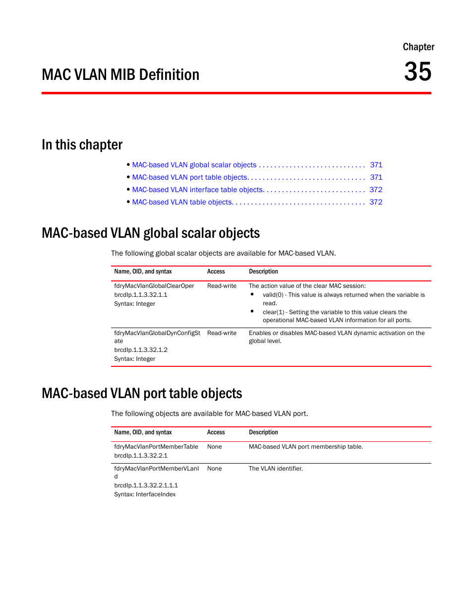 Mac vlan mib definition, Mac-based vlan global scalar objects, Fdrymacvlanglobalclearoper | Fdrymacvlanglobaldynconfigst ate, Mac-based vlan port table objects, Fdrymacvlanportmembertable, Fdrymacvlanportmembervlani d, Chapter 35, Chapter | Brocade Unified IP MIB Reference (Supporting FastIron Releases 07.5.00 and 08.0.10) User Manual | Page 397 / 771