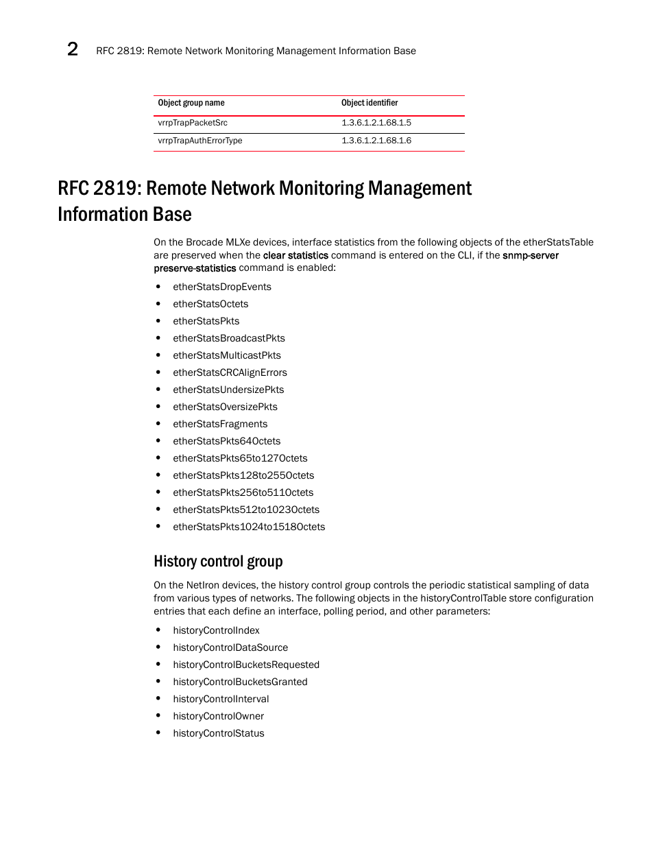 Vrrptrappacketsrc, Vrrptrapautherrortype, History control group | Brocade Unified IP MIB Reference (Supporting FastIron Releases 07.5.00 and 08.0.10) User Manual | Page 42 / 771