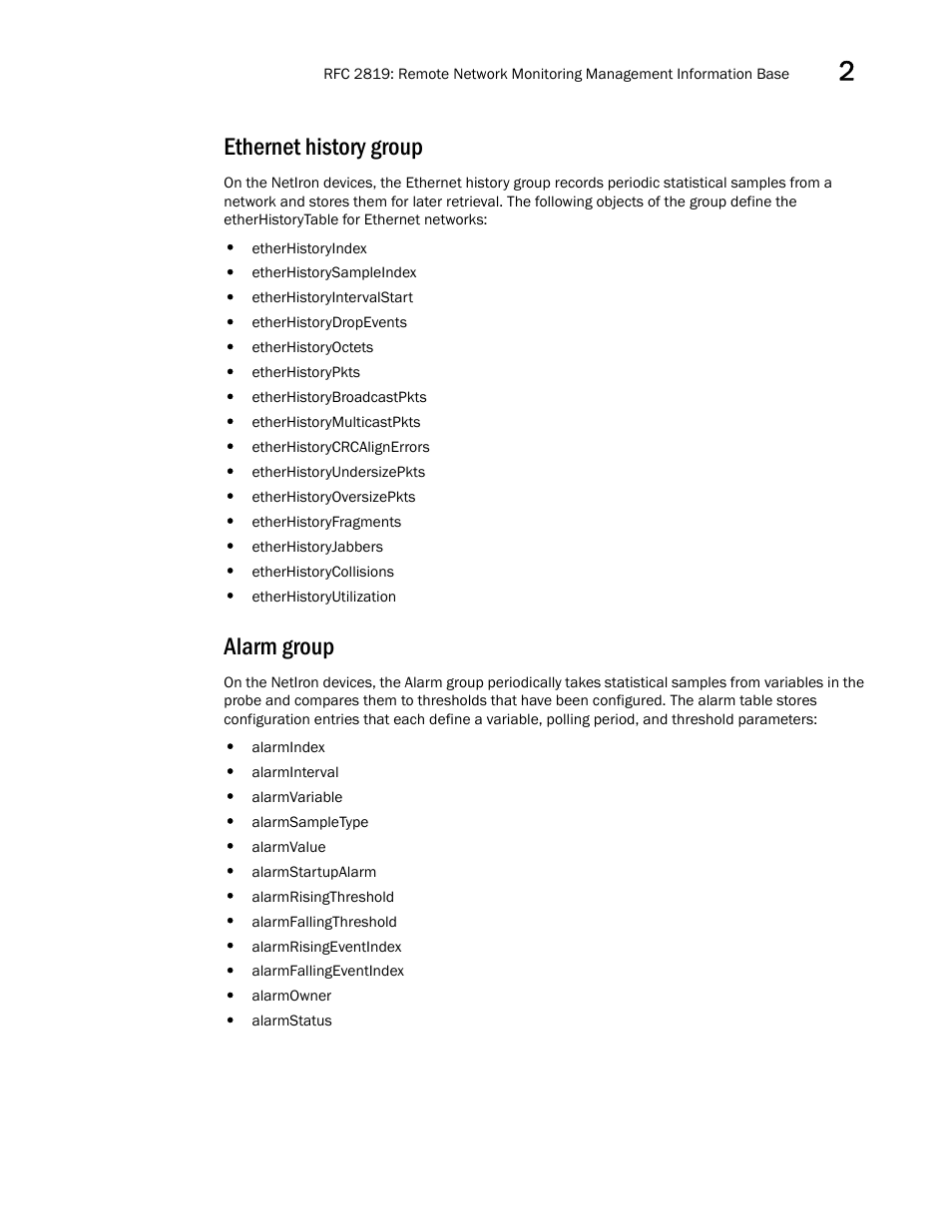 Ethernet history group, Alarm group | Brocade Unified IP MIB Reference (Supporting FastIron Releases 07.5.00 and 08.0.10) User Manual | Page 43 / 771