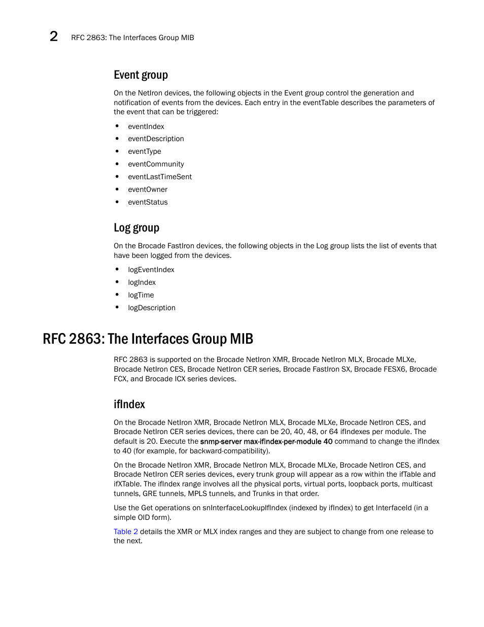 Event group, Log group, Rfc 2863: the interfaces group mib | Ifindex | Brocade Unified IP MIB Reference (Supporting FastIron Releases 07.5.00 and 08.0.10) User Manual | Page 44 / 771