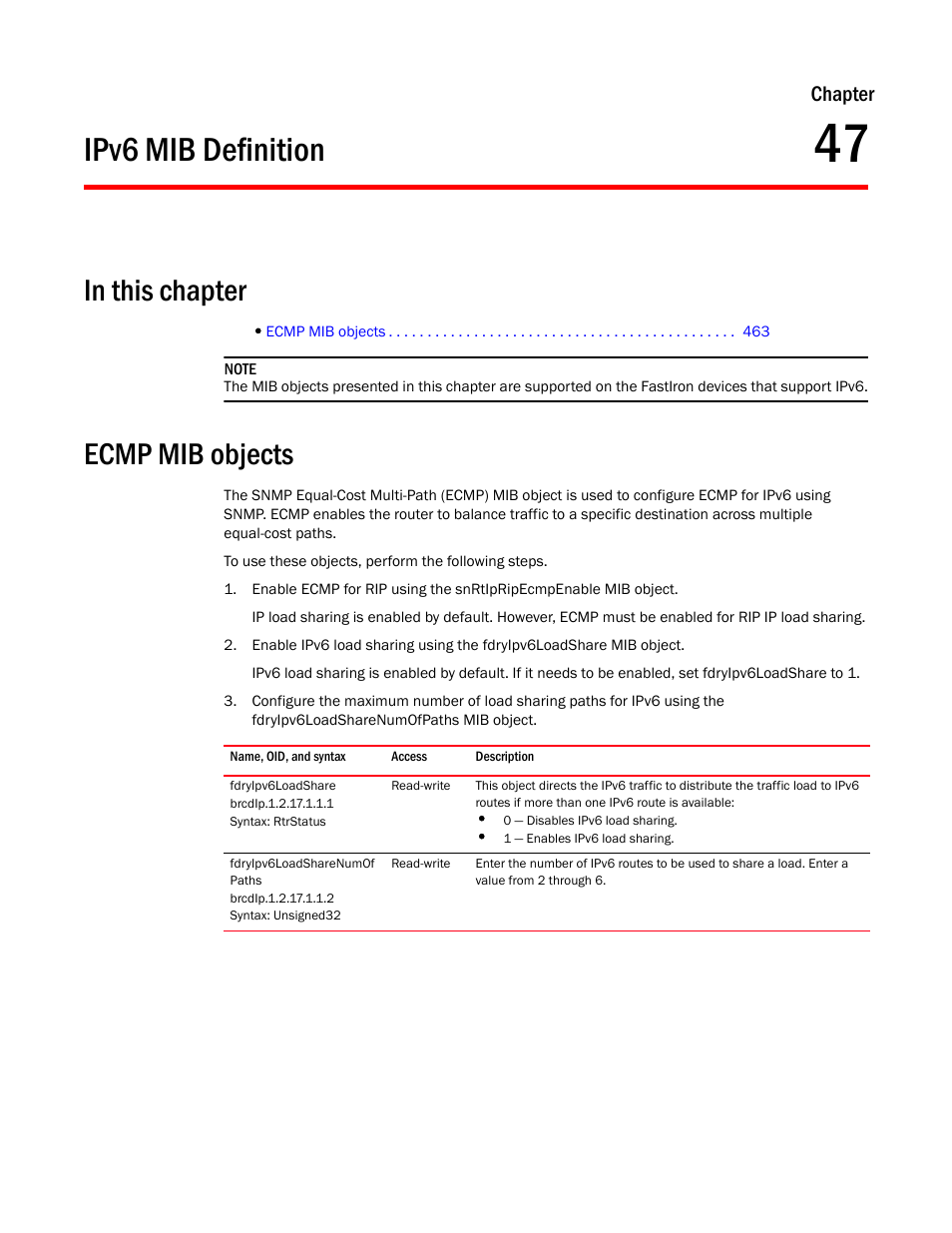 Ipv6 mib definition, Ecmp mib objects, Fdryipv6loadshare | Fdryipv6loadsharenumof paths, Chapter 47, Chapter | Brocade Unified IP MIB Reference (Supporting FastIron Releases 07.5.00 and 08.0.10) User Manual | Page 489 / 771