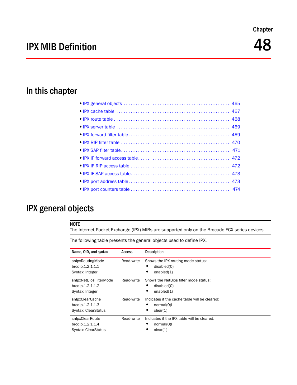 Ipx mib definition, Ipx general objects, Snipxroutingmode | Snipxnetbiosfiltermode, Snipxclearcache, Snipxclearroute, Chapter 48, Chapter | Brocade Unified IP MIB Reference (Supporting FastIron Releases 07.5.00 and 08.0.10) User Manual | Page 491 / 771