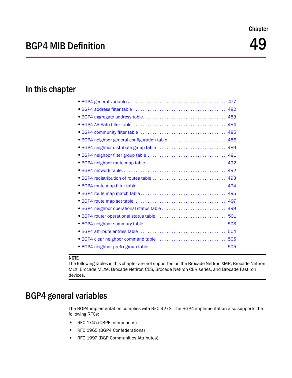 Bgp4 mib definition, Bgp4 general variables, Chapter 49 | Brocade Unified IP MIB Reference (Supporting FastIron Releases 07.5.00 and 08.0.10) User Manual | Page 503 / 771