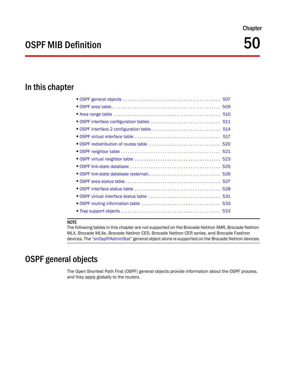 Ospf mib definition, Ospf general objects, Chapter 50 | Brocade Unified IP MIB Reference (Supporting FastIron Releases 07.5.00 and 08.0.10) User Manual | Page 533 / 771