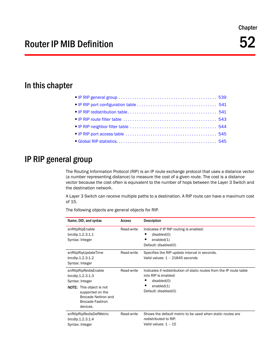 Router ip mib definition, Ip rip general group, Snrtipripenable | Snrtipripupdatetime, Snrtipripredisenable, Snrtipripredisdefmetric, Chapter 52, Chapter | Brocade Unified IP MIB Reference (Supporting FastIron Releases 07.5.00 and 08.0.10) User Manual | Page 565 / 771