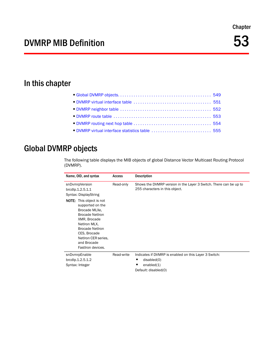 Dvmrp mib definition, Global dvmrp objects, Sndvmrpversion | Sndvmrpenable, Chapter 53, Chapter | Brocade Unified IP MIB Reference (Supporting FastIron Releases 07.5.00 and 08.0.10) User Manual | Page 575 / 771