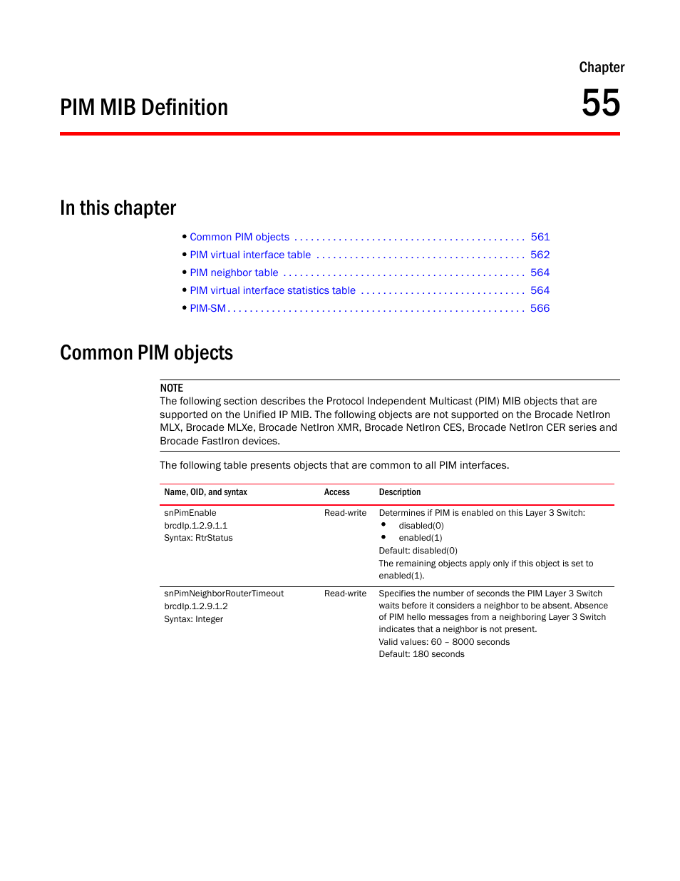 Pim mib definition, Common pim objects, Snpimenable | Snpimneighborroutertimeout, Chapter 55, Chapter | Brocade Unified IP MIB Reference (Supporting FastIron Releases 07.5.00 and 08.0.10) User Manual | Page 587 / 771