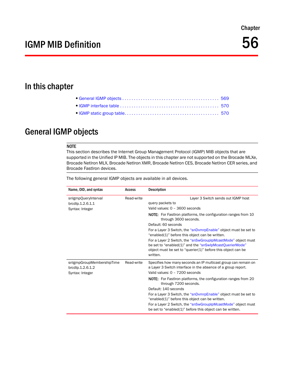 Igmp mib definition, General igmp objects, Snigmpqueryinterval | Snigmpgroupmembershiptime, Chapter 56, Chapter | Brocade Unified IP MIB Reference (Supporting FastIron Releases 07.5.00 and 08.0.10) User Manual | Page 595 / 771